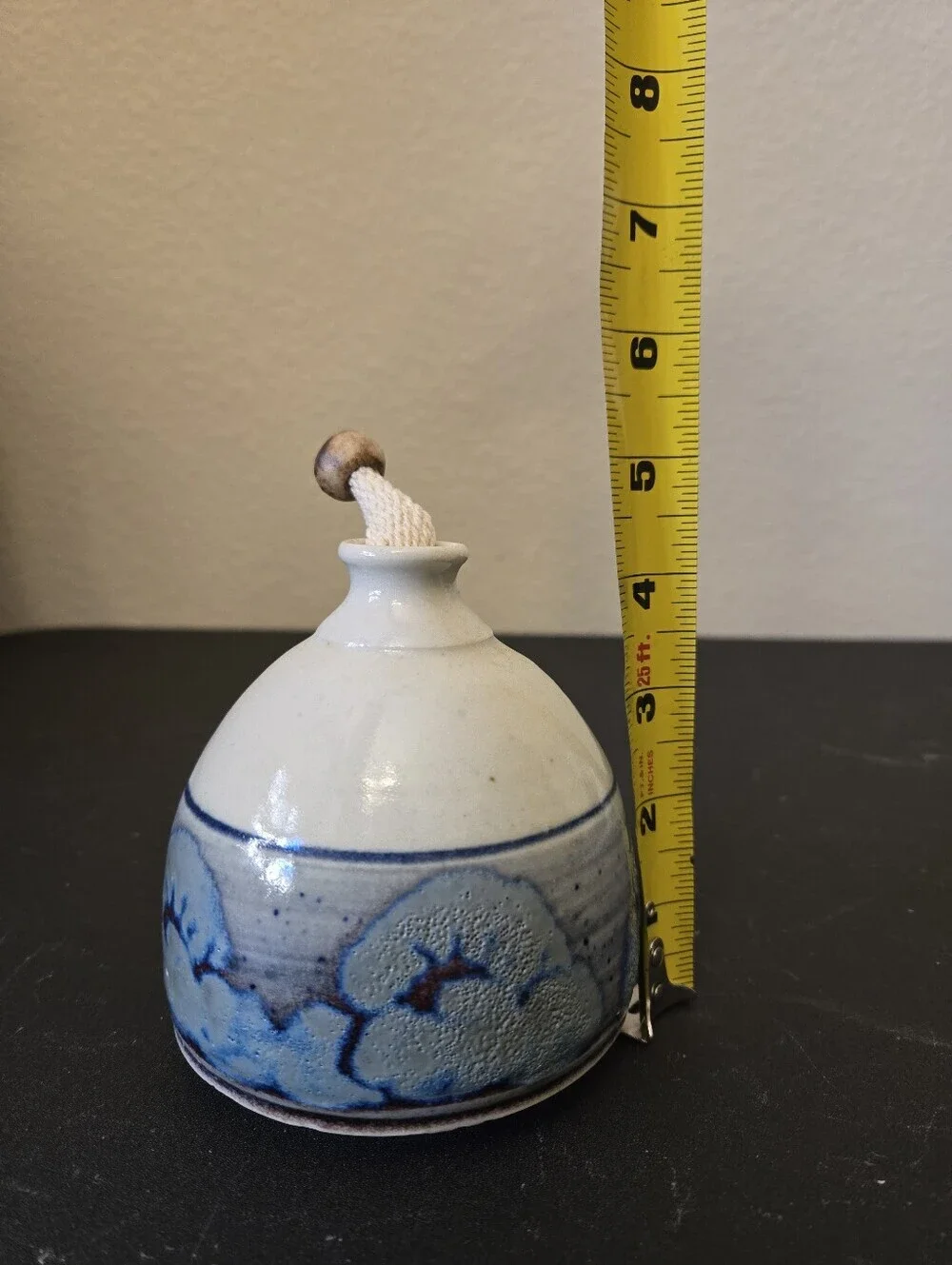 Studio Pottery Ceramic Small Vase Or Oil Bottle Featuring Blue & Brown Design